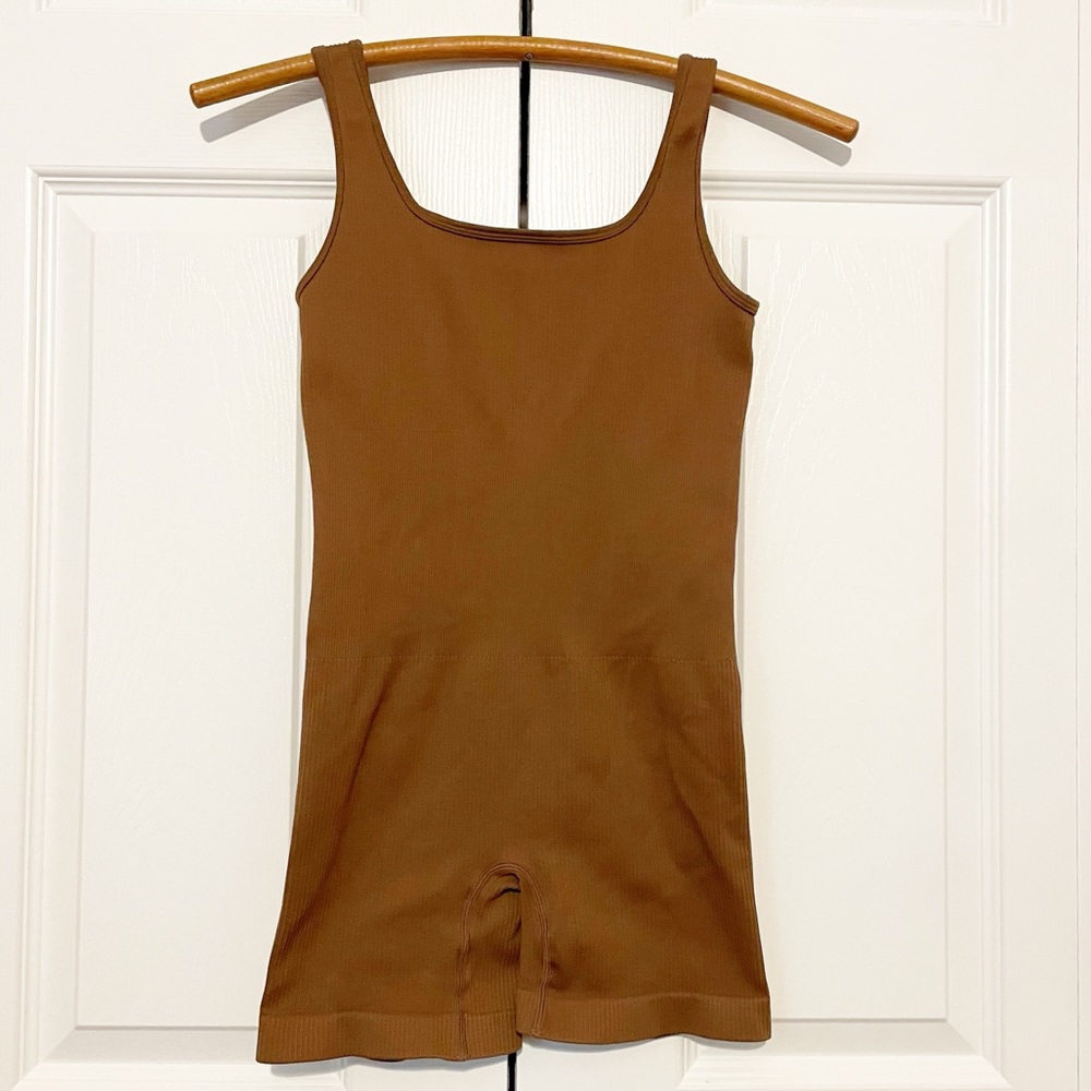 OQQ Brown Ribbed Romper Bodysuit Unitard Small Square Neck Sleeveless TikTok
